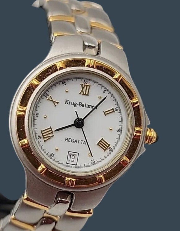 Vtg Krug-Baümen Regatta Ladies Watch Two-Tone 18k Gold Plated Date Quartz 6.5″