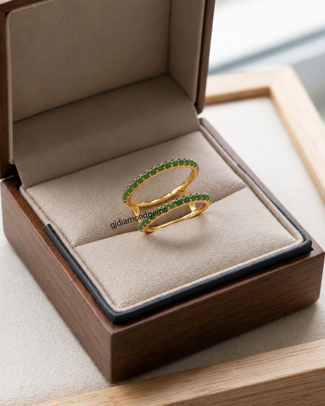 Natural Jade Double Band Smart Ring 925 Silver Yellow Gold Plated Women Enhancer