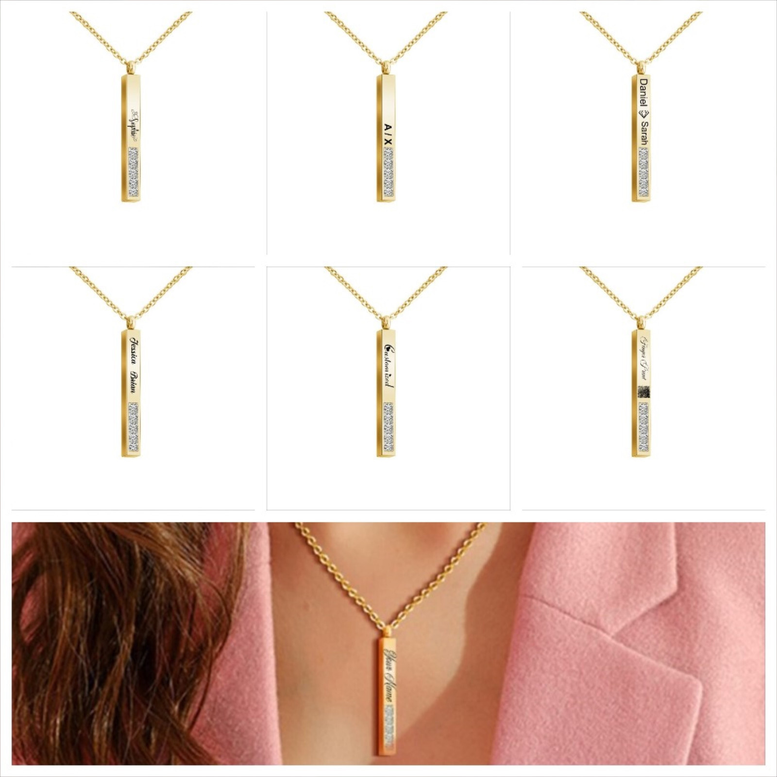 Personalized Vertical Crystal Bar Necklace, Custom Engraved 3D Name Necklace