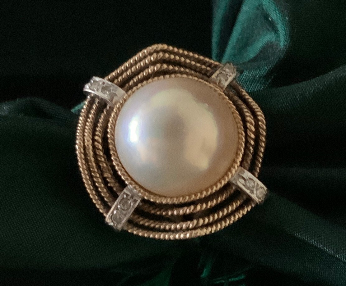 VINTAGE 8 DIAMOND & 12.4MM MABE PEARL 14K GOLD RING