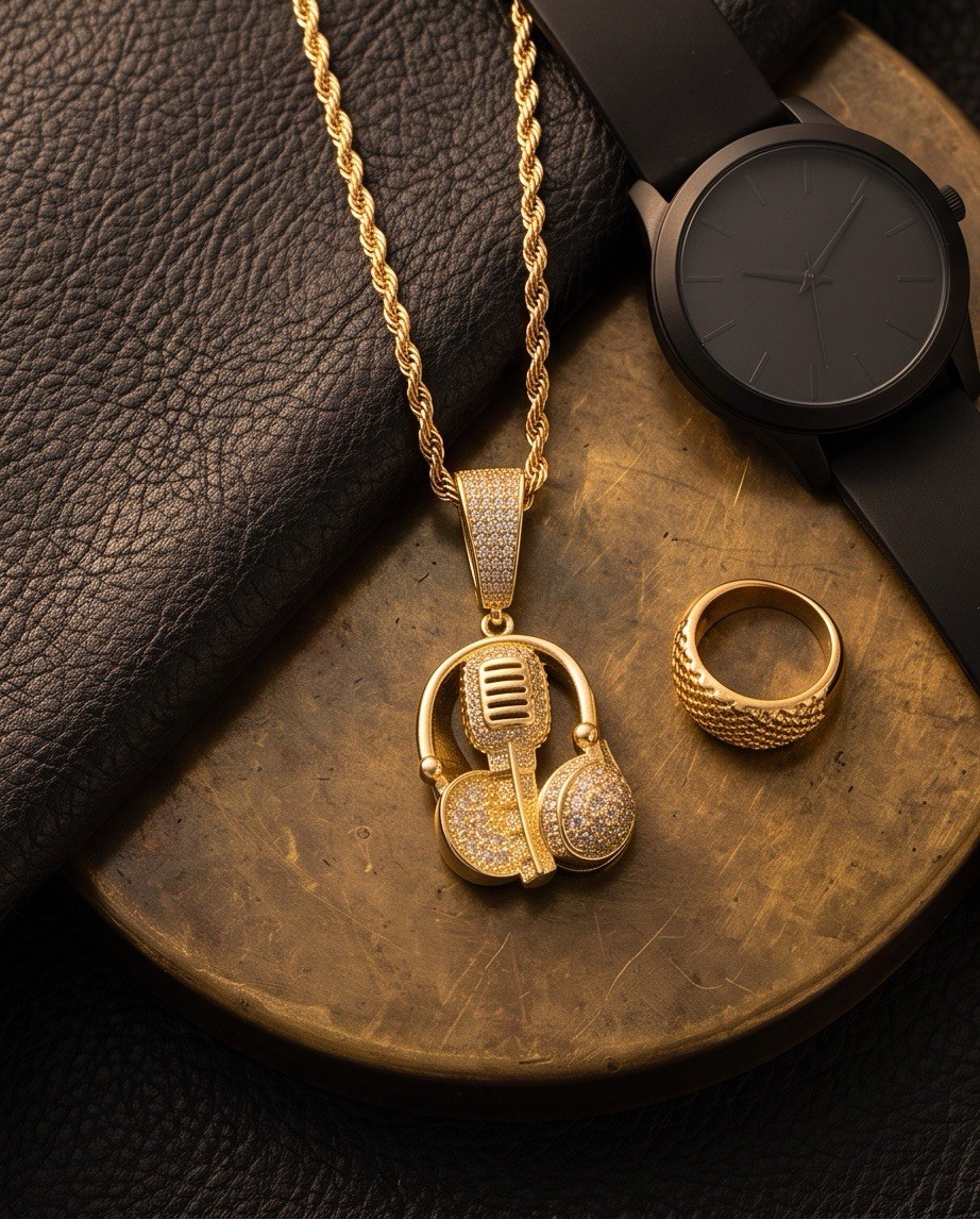 Iced Out Gold Microphone Headphones Pendant Necklace – 5A CZ / 24” Rope Chai