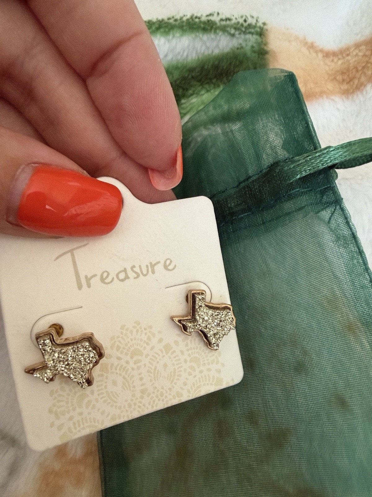 Treasure Texas Map Stud Earrings Clear Crystal Gold Tone Butterfly Back