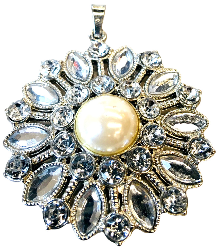 Pendant Rhinestone Crystal Faux Pearl 2” Silver Tone Round Fashion Jewelry