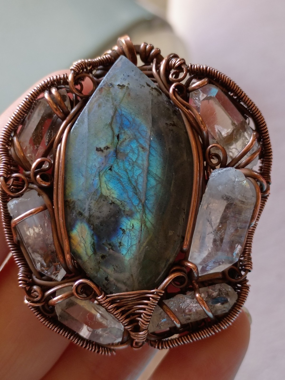 Labradorite Surrounded In Quartz Crystals Wirewrap Pendant Copper Statement