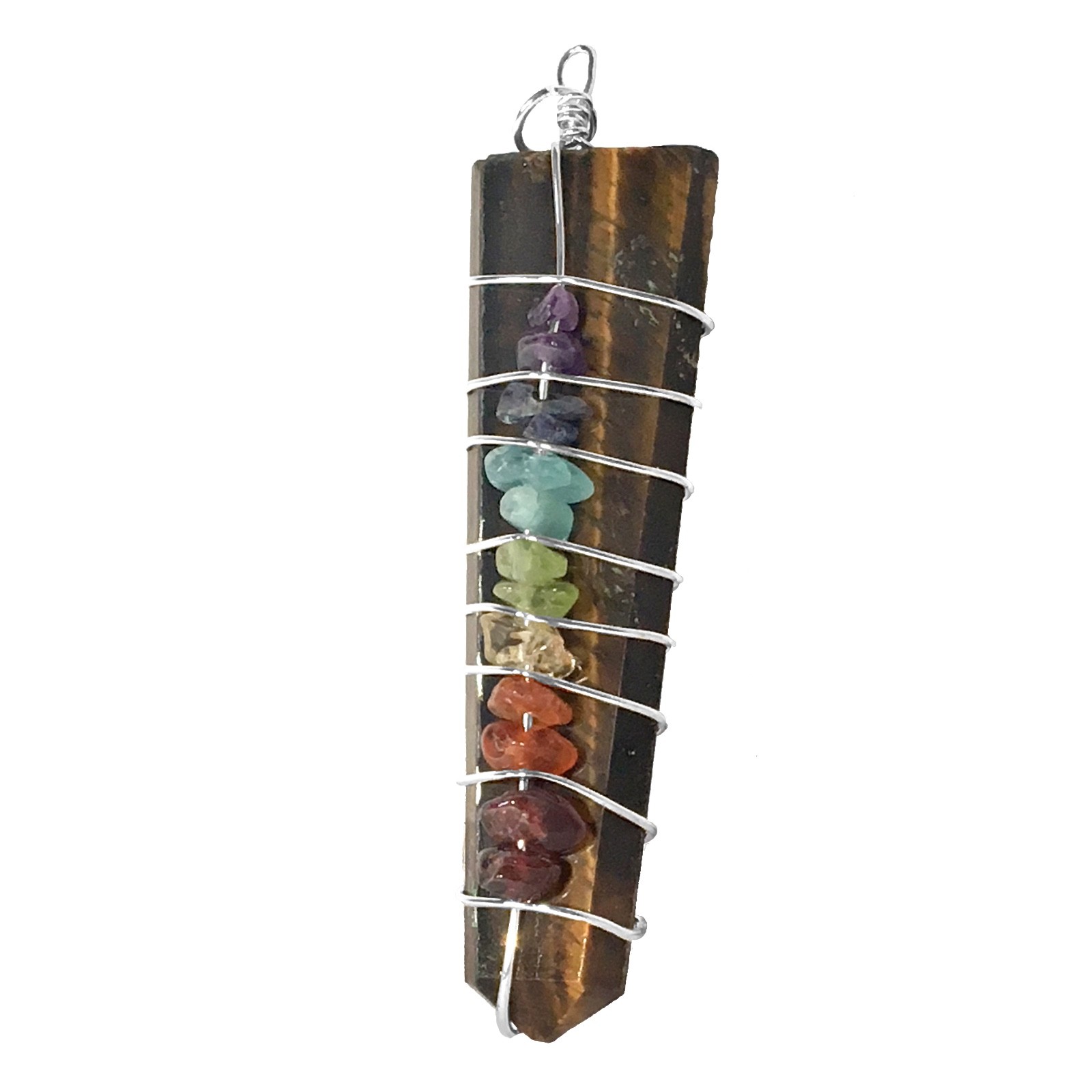 Tigers Eye 7 Chakra Wire Wrap Pendant Necklace HANDMADE Point Reiki CHARGED