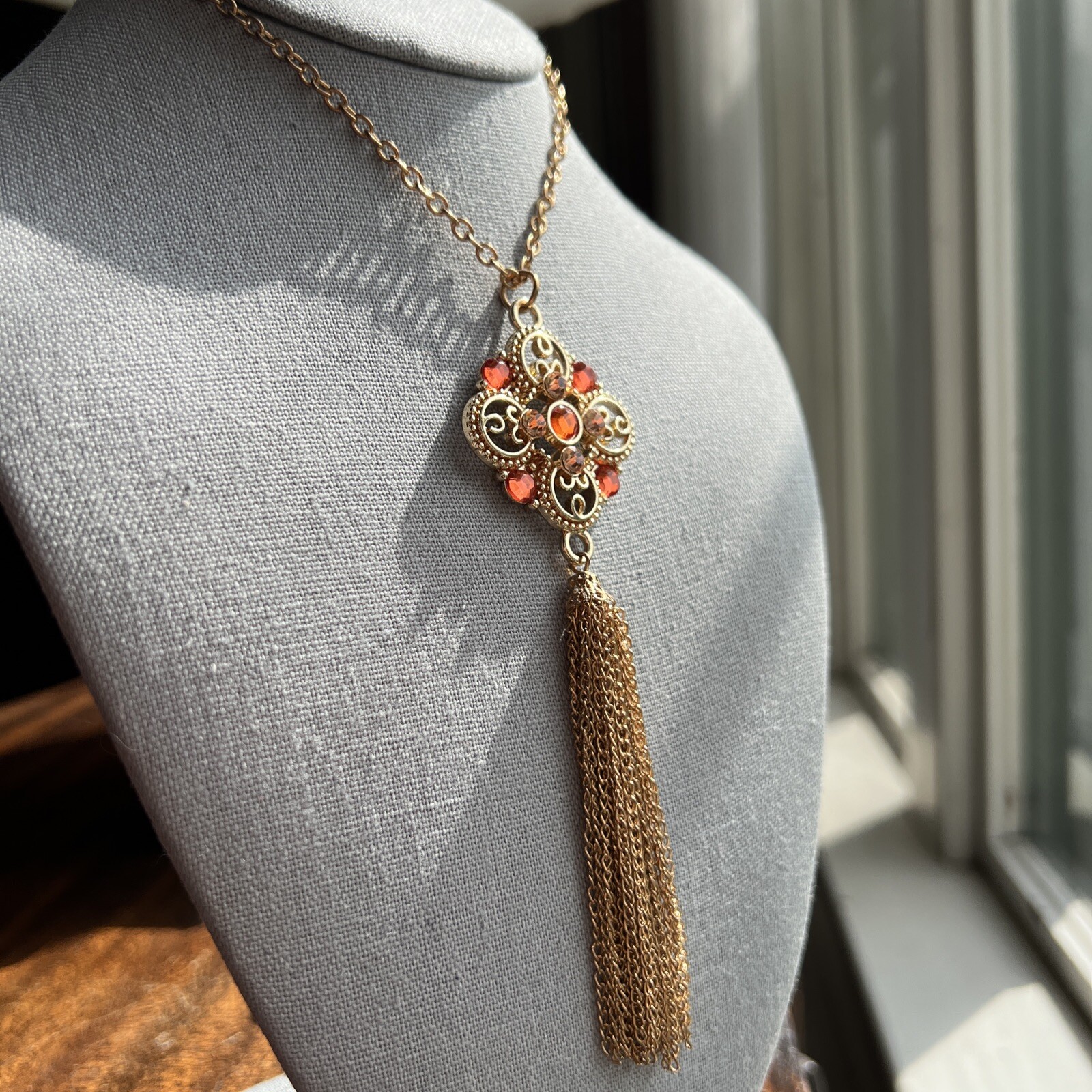 Mid-Century Orange /Pink Rhinestone Gold Tone Tassel Statement Necklace Fabulous