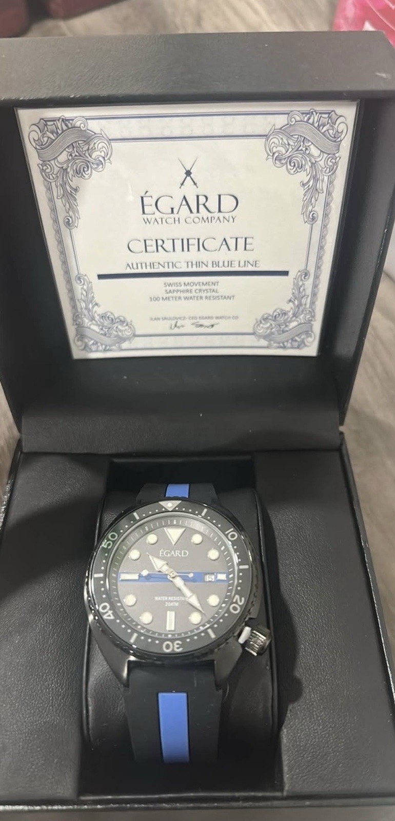 ÉGARD Thin Blue Line Men’s Quartz Diver Watch 45mm Date 200m Box/Papers 173/600