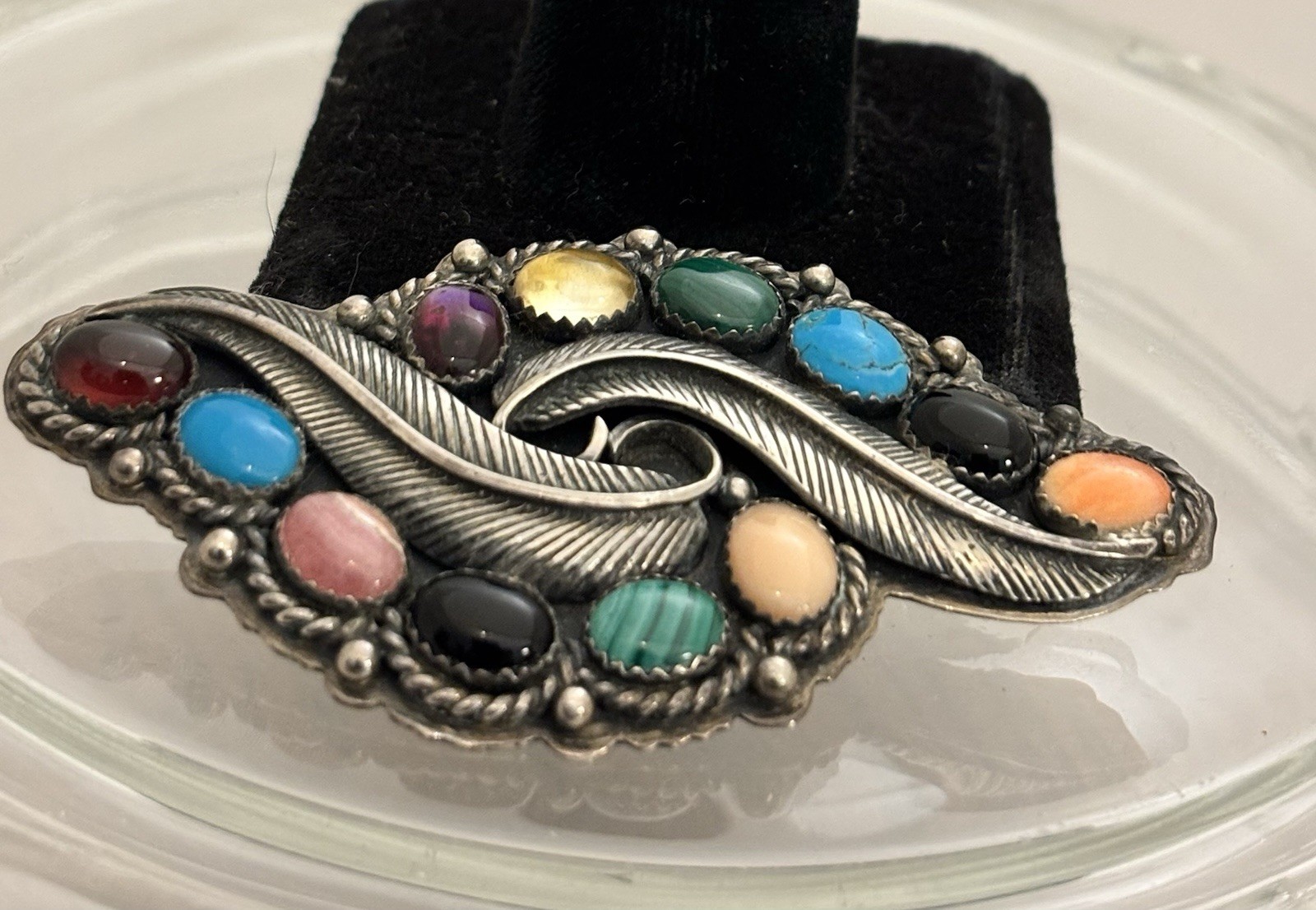 Vintage Navajo LY Sterling Feather/Multi Gemstone Cabochon Brooch/Pendant