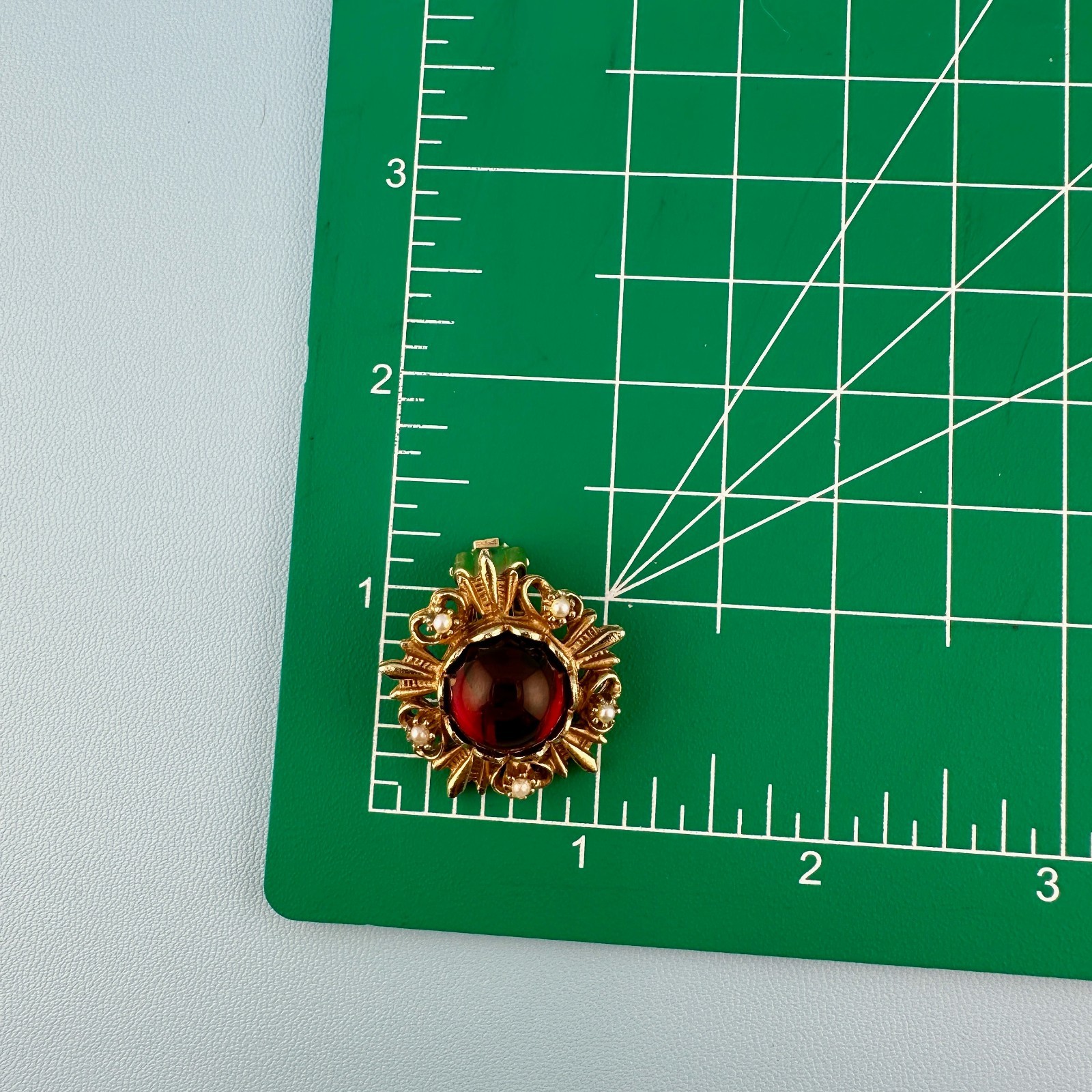 Vintage Clip On Earrings Red Glass Cabochon Gold Tone Faux Pearl Etruscan Rev