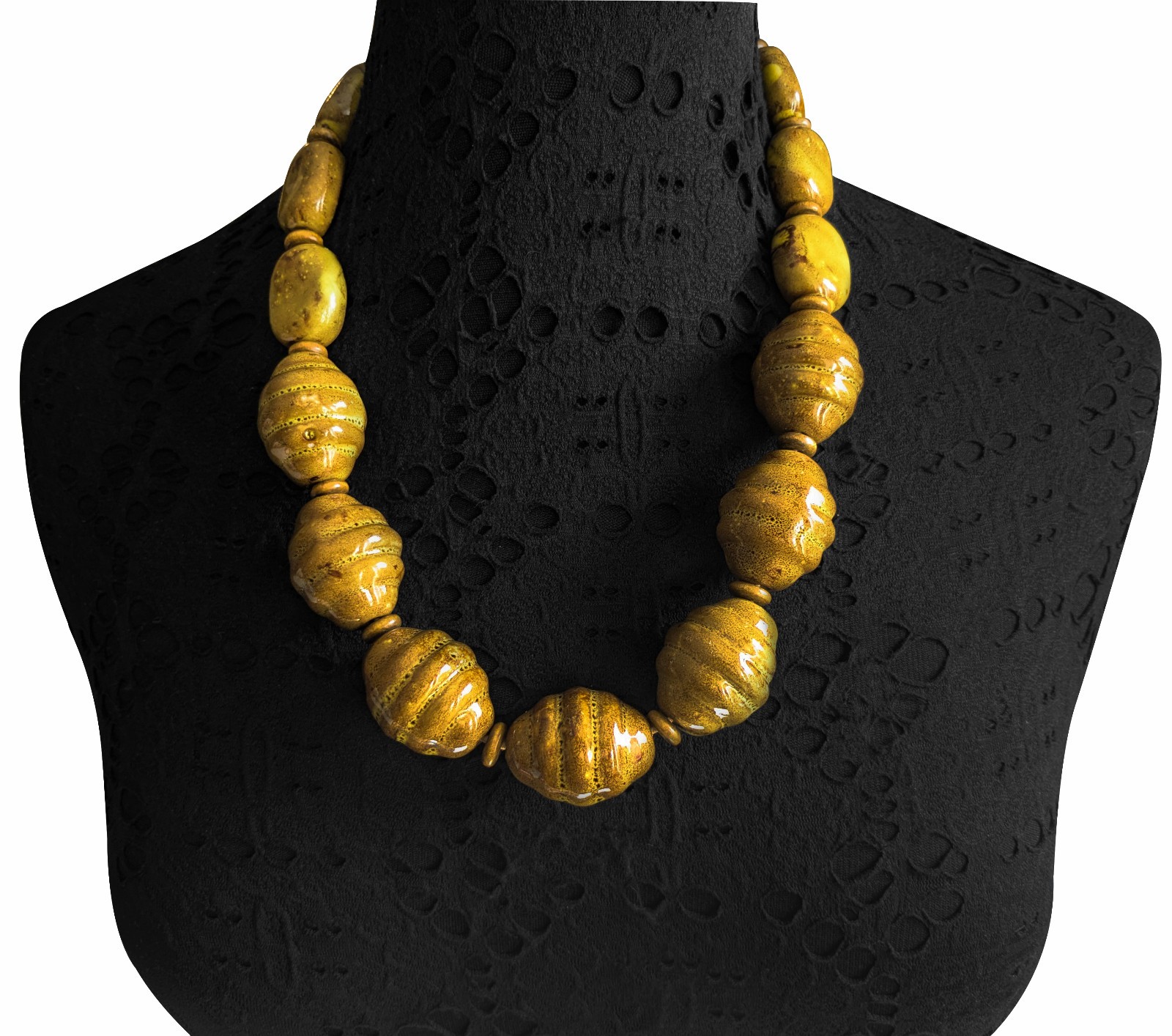 Handmade Mustard Yellow Chunky Ceramic Bead Necklace Gift Statement Jewelry