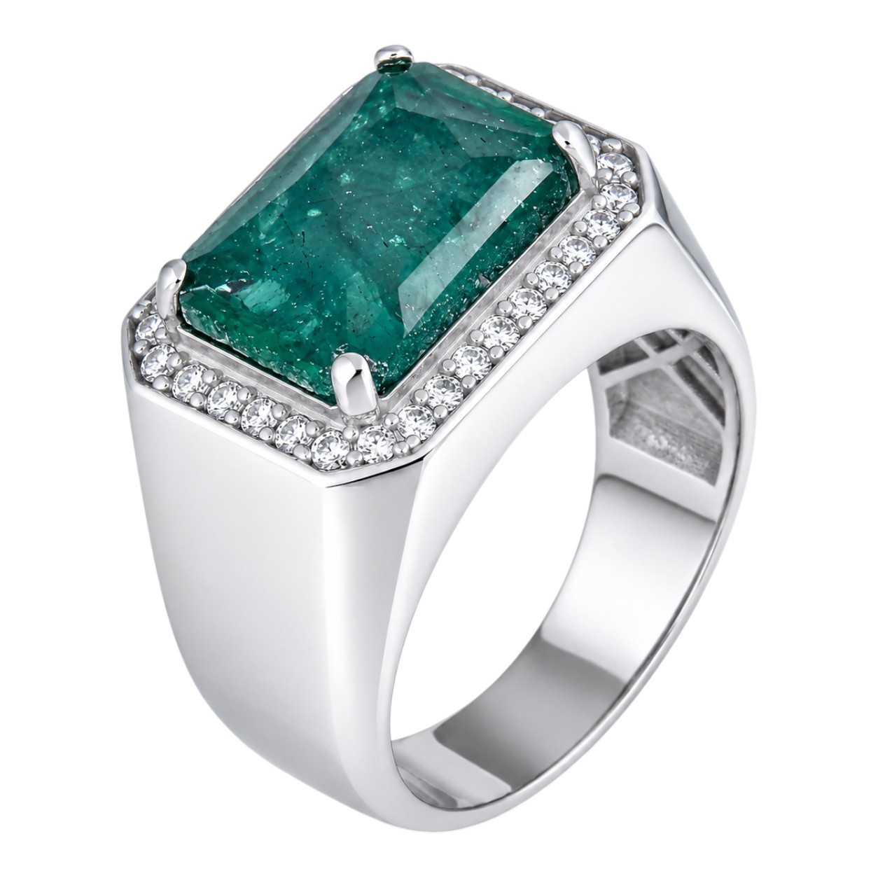 MOISSANITE Iced Natural 9ct Rectangle Green Emerald Stone Ring 925 Silver