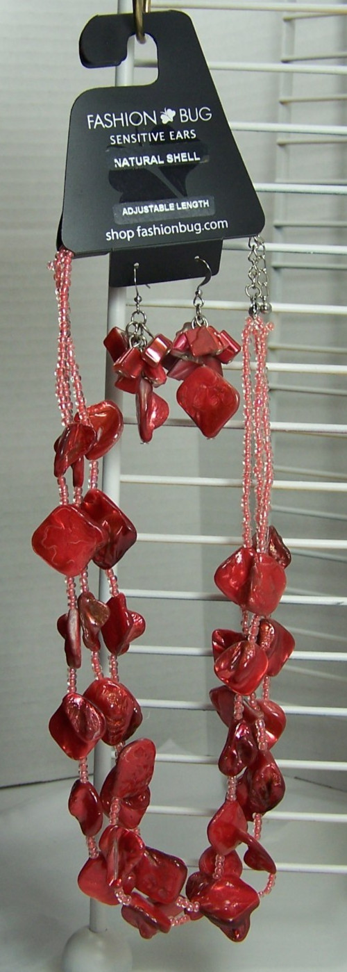 Adjustable Dark Pink Necklace with Matching Pierced Earrings