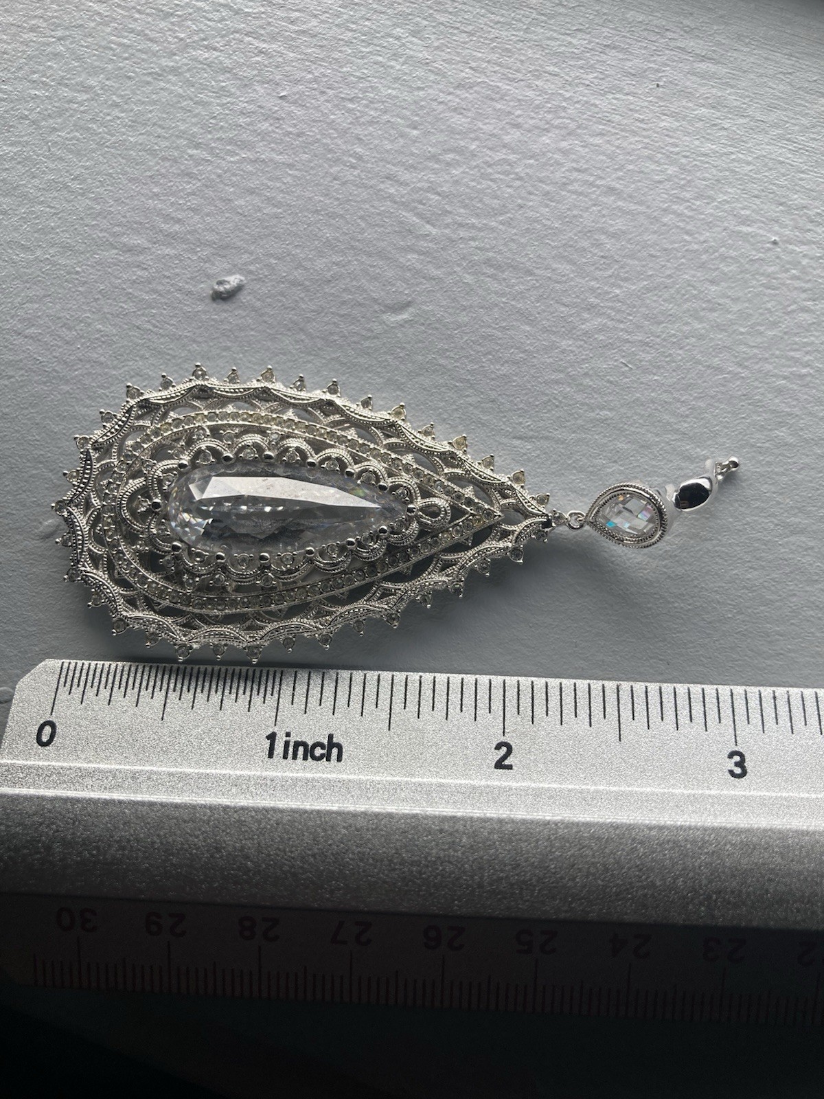 Big, Ornate Wedding Cocktail Party Teardrop Silver Pendant. Gem. Clip Bale.