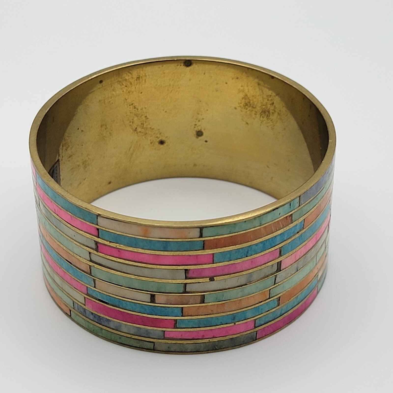 Vintage Style Wide Brass Mosaic Inlay Cuff Bracelet Made In India 8.25 in