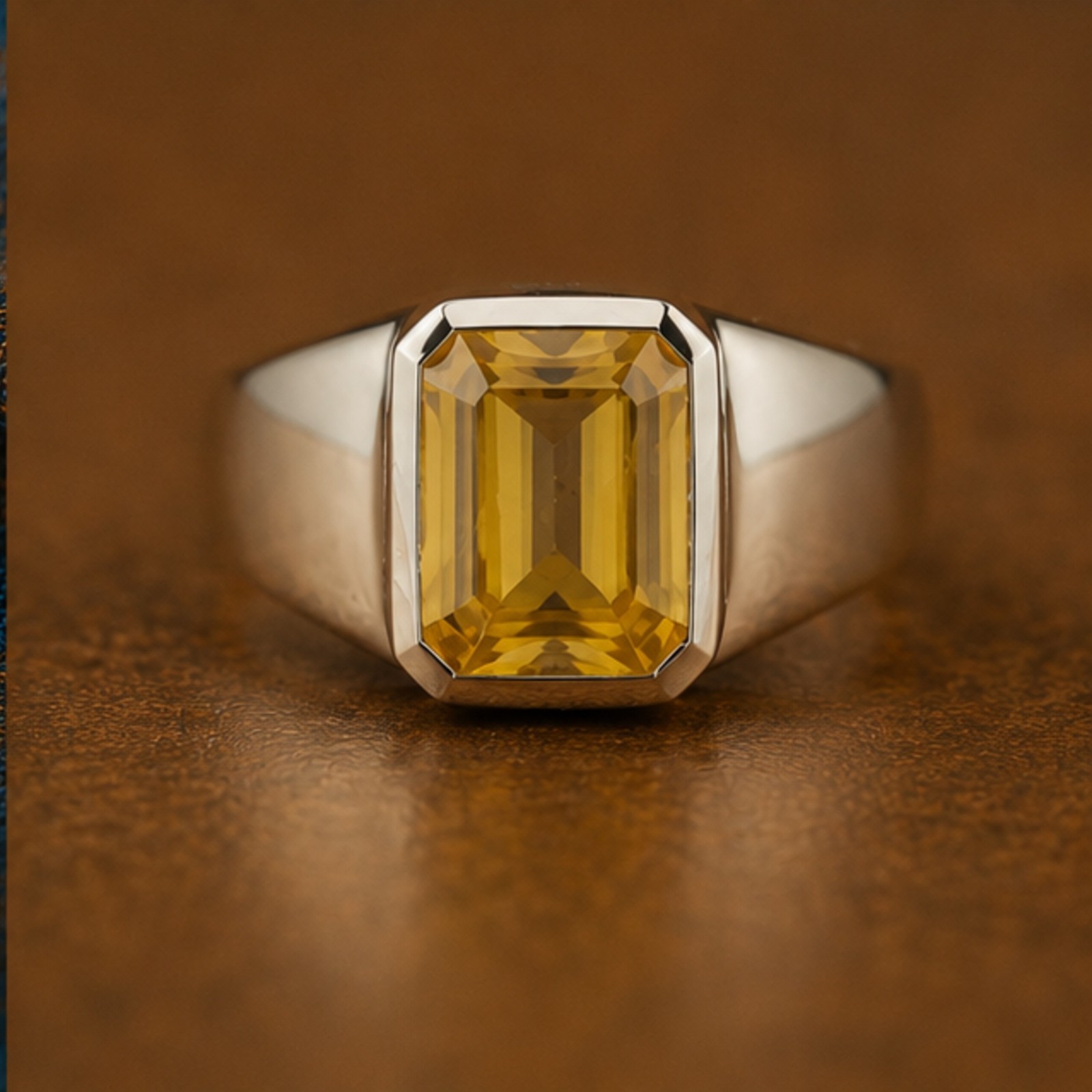 925 Sterling Silver Emerald Cut Yellow Citrine Signet Ring for Men Women