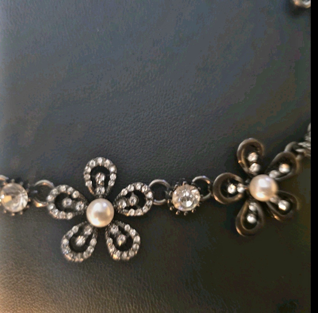 Black, Gun Metal, Faux Pearls And Rhinestone Flower Necklace