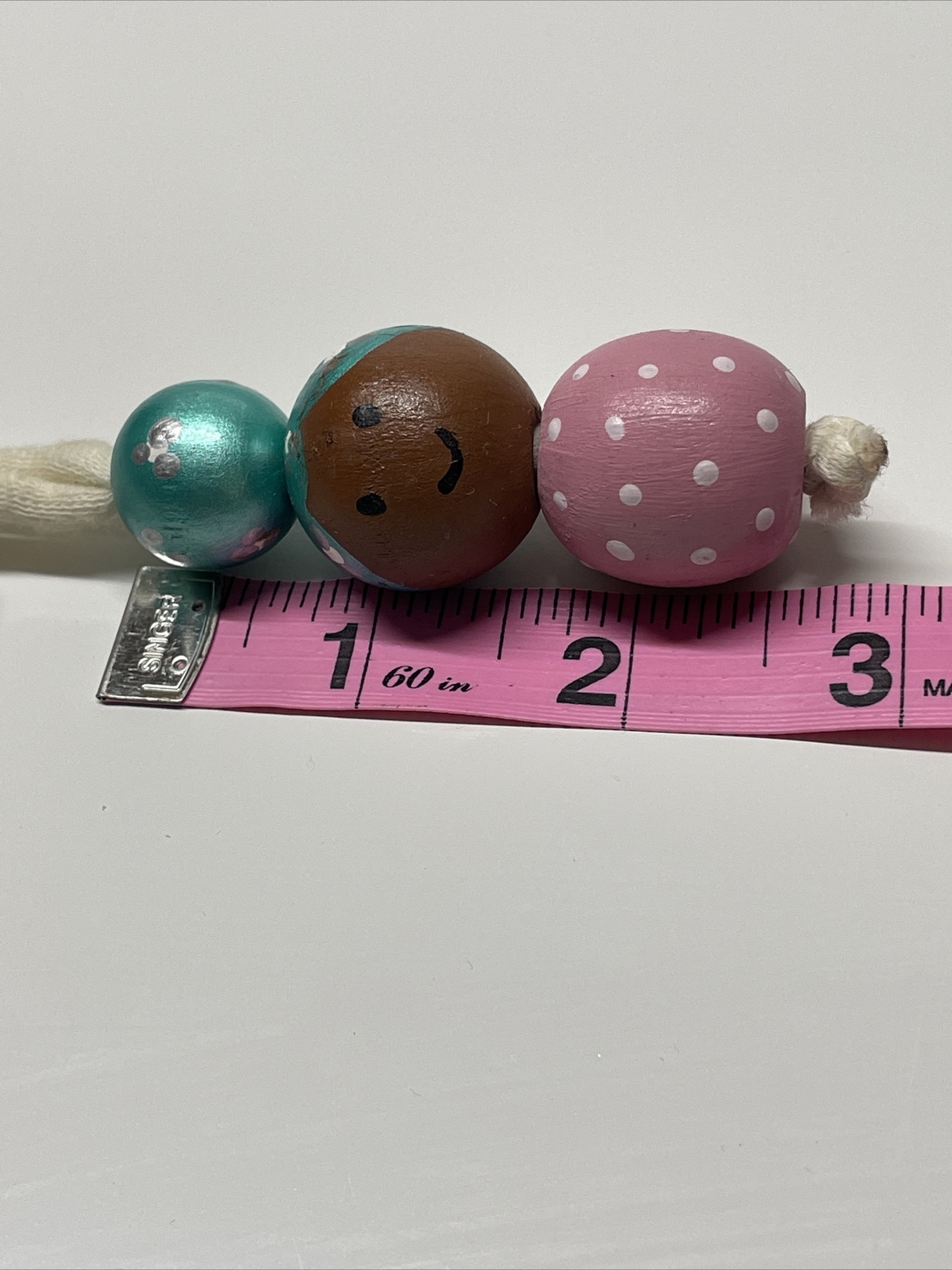 Vintage wooden handmade doll necklace hand painted Beads Pink Aqua Blue