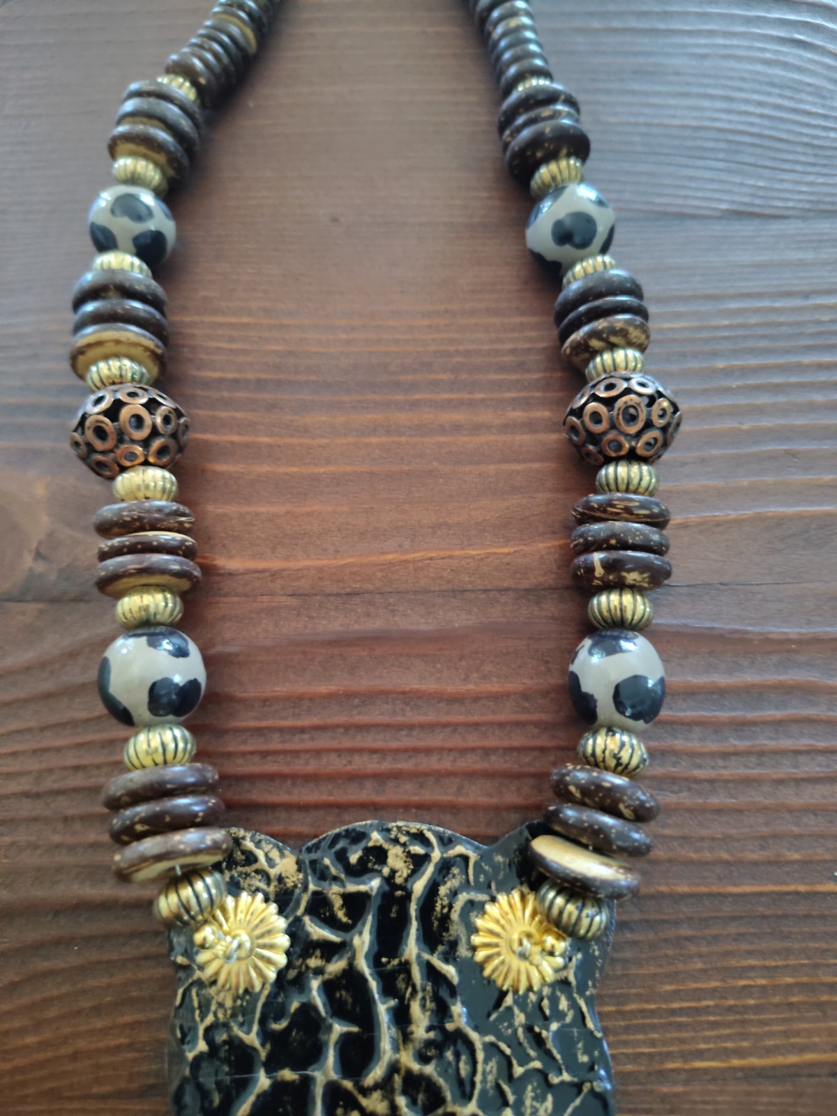 Vintage Hand Painted Leopard Wood – Metal Statement Necklace- Lee Sands