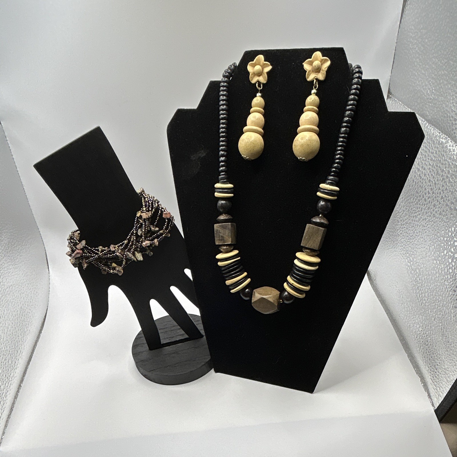 3pc Bohemian Wood Bead Necklace Bracelet & Dangle Earring Set Black Tan Beige