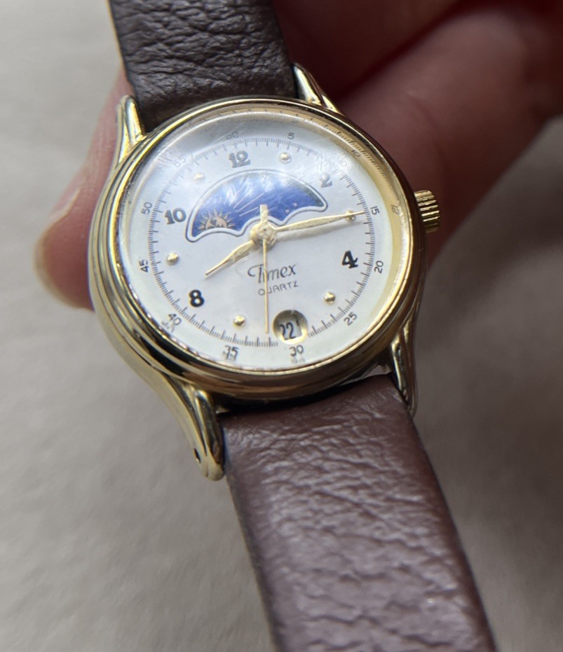 Timex 364 T Cell Moon Phase Quartz Wristwatch Gold Tone Brown Leather Band