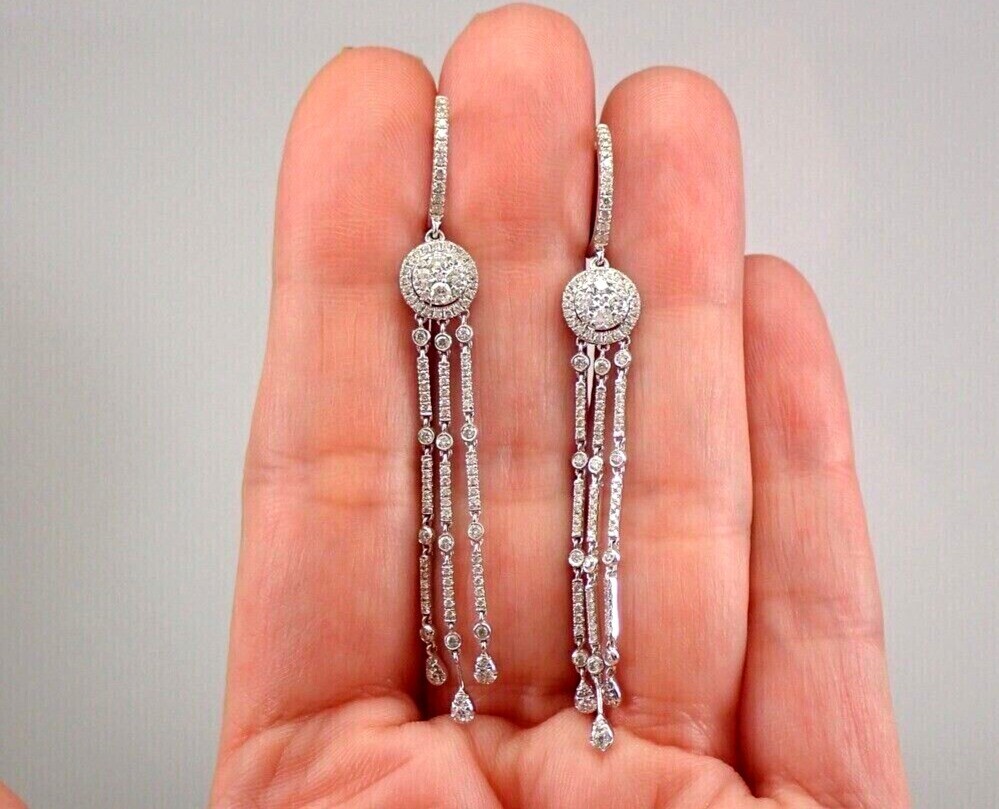 Stunning Round Cut Simulated Diamond Long Drop Earrings In 14K White Gold Plated