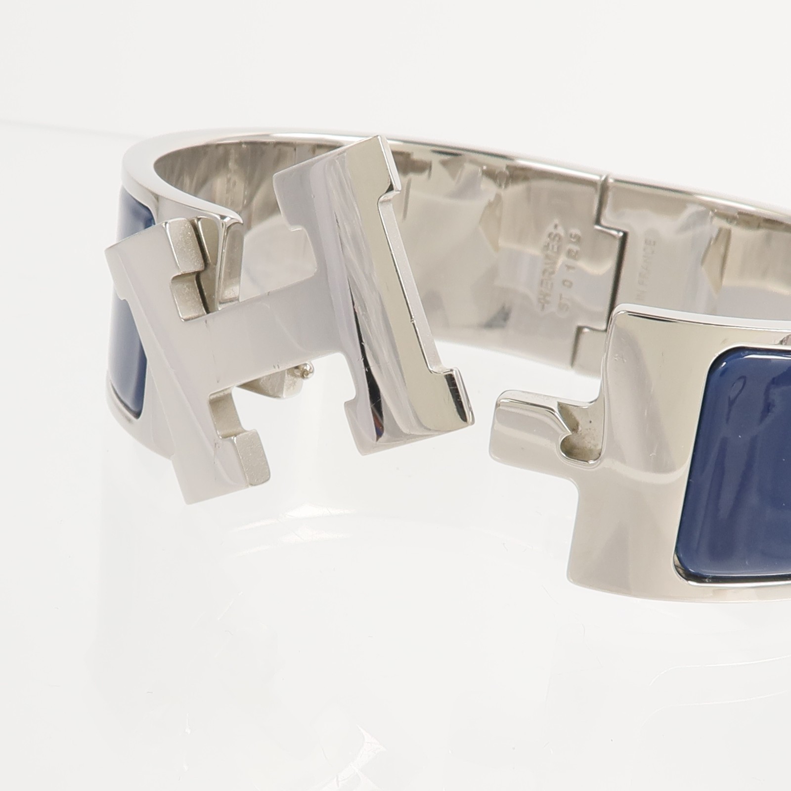 HERMES Clic Clac H Bracelet Metal Enamel Silver Bleu Abysse