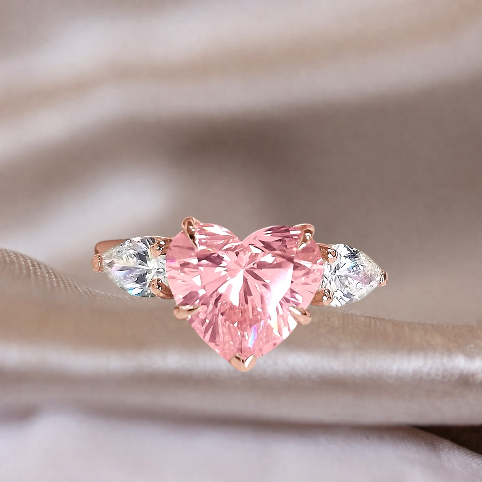 3.60 Carat Heart Cut Fancy Vivid Pink IGI Lab Created Diamond Ring 18k Rose Gold