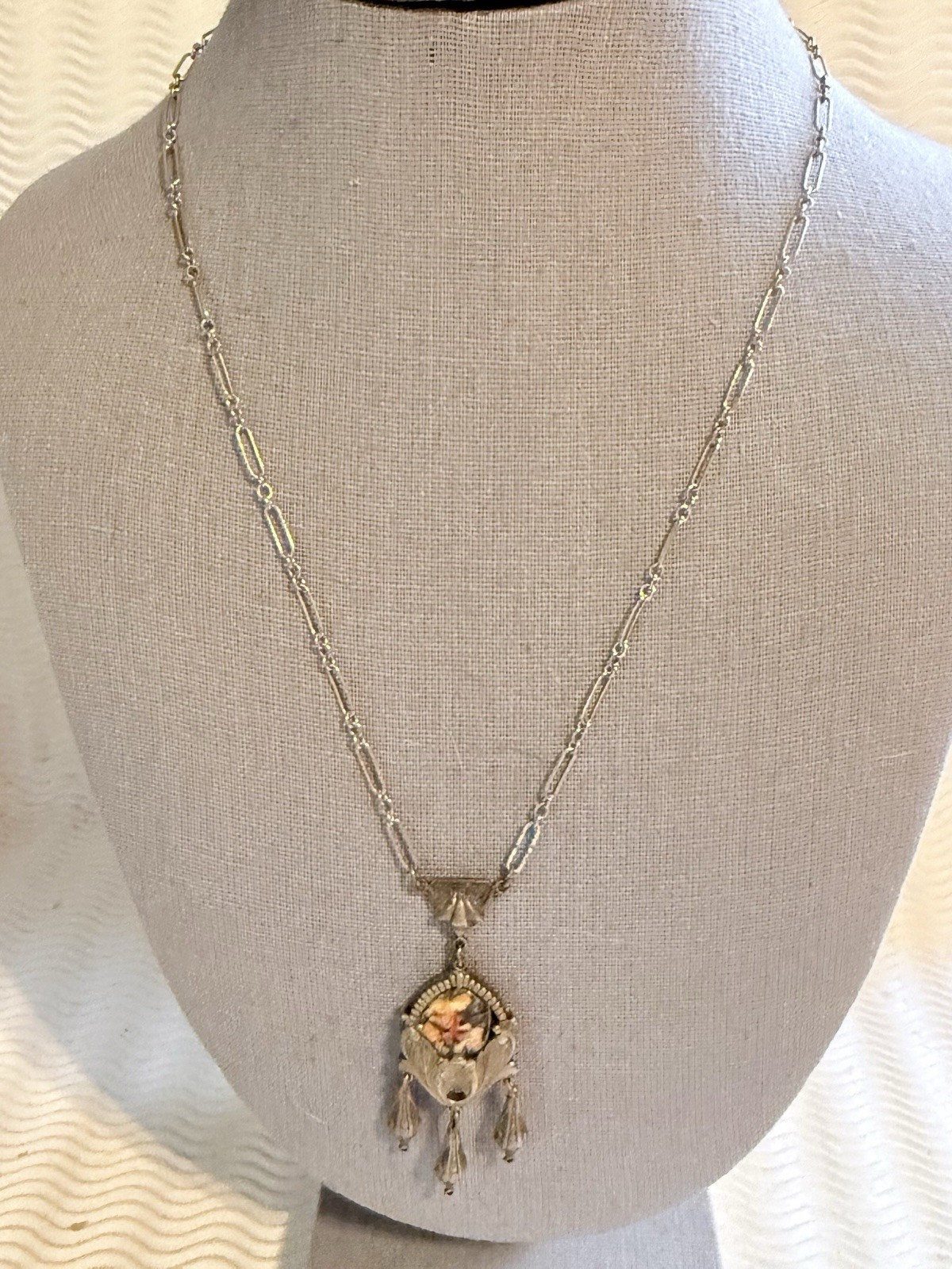 Vintage Brass Necklace Painted Porcelain Scene Pendant Art Nouveau Barrel Clasp