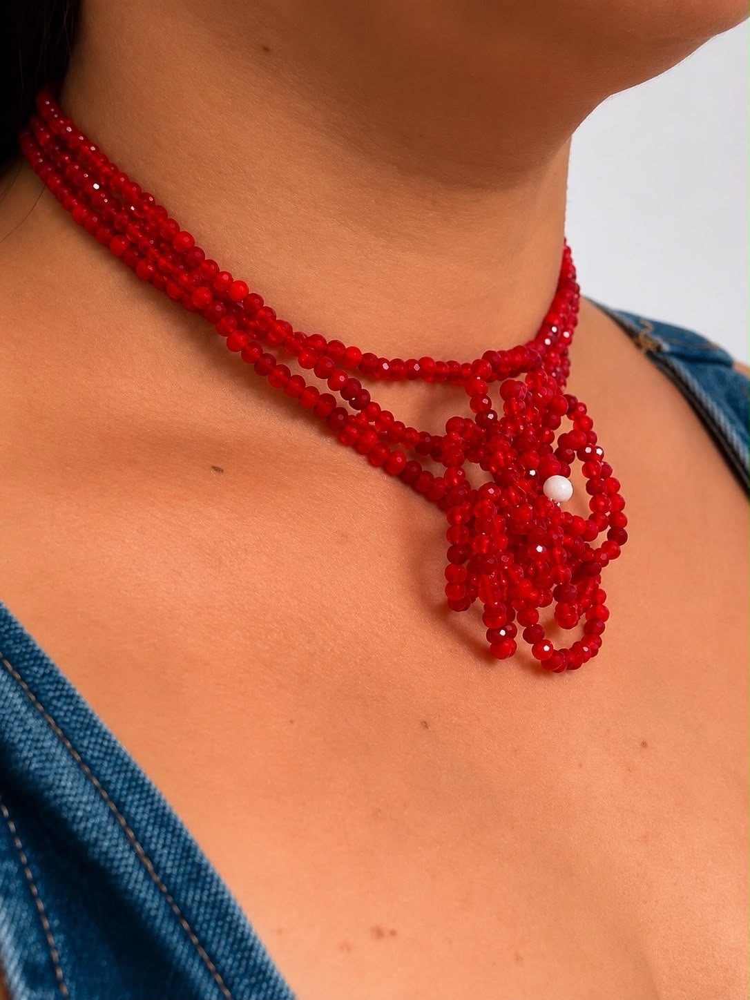 Red Beaded Flower Pendant Choker Necklace with Long Drop Dangle, White Accents