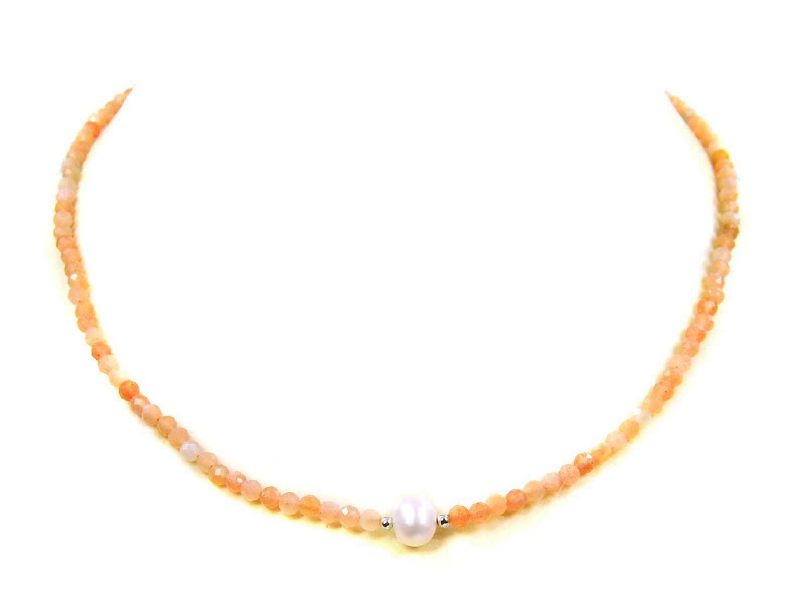 Healing Stone Sunstone Necklace 925 Silver Faceted Ø3mm with Freshwater Pearl