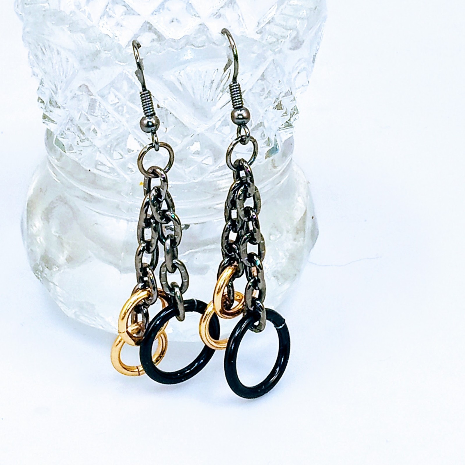 Black & Gold Stainless Steel Jump Rings on Gunmetal Gray Chains Dangle Earrings