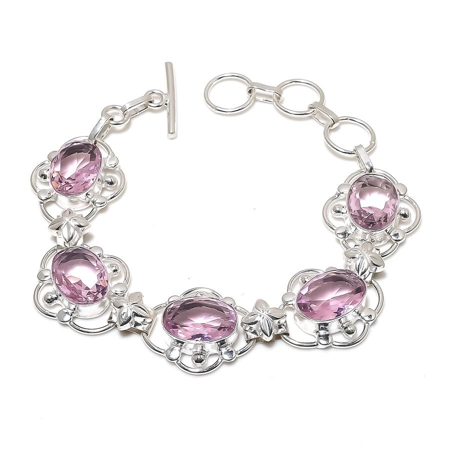 Pink Kunzite Gemstone Handmade 925 Sterling Silver Jewelry Bracelet Size 7-8″