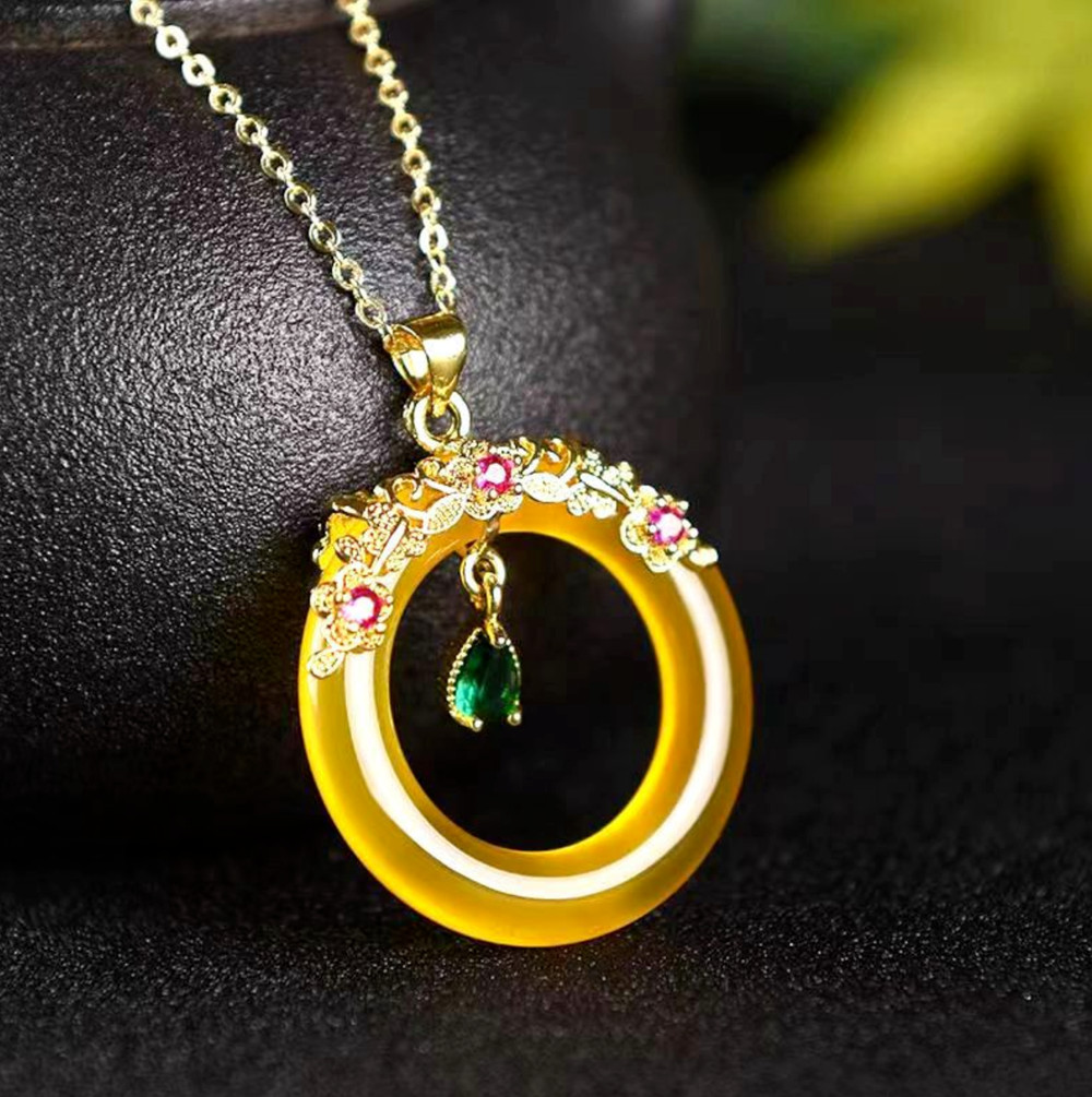 Jade Jewelry Charm Lucky Round Pendant with Chain Necklace Gold Plated