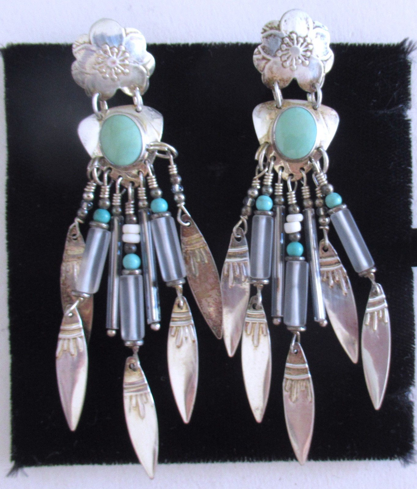 TABRA 3 3/8+ INCHES LONG DESIGNER STERLING EARRINGS w TURQUOISE