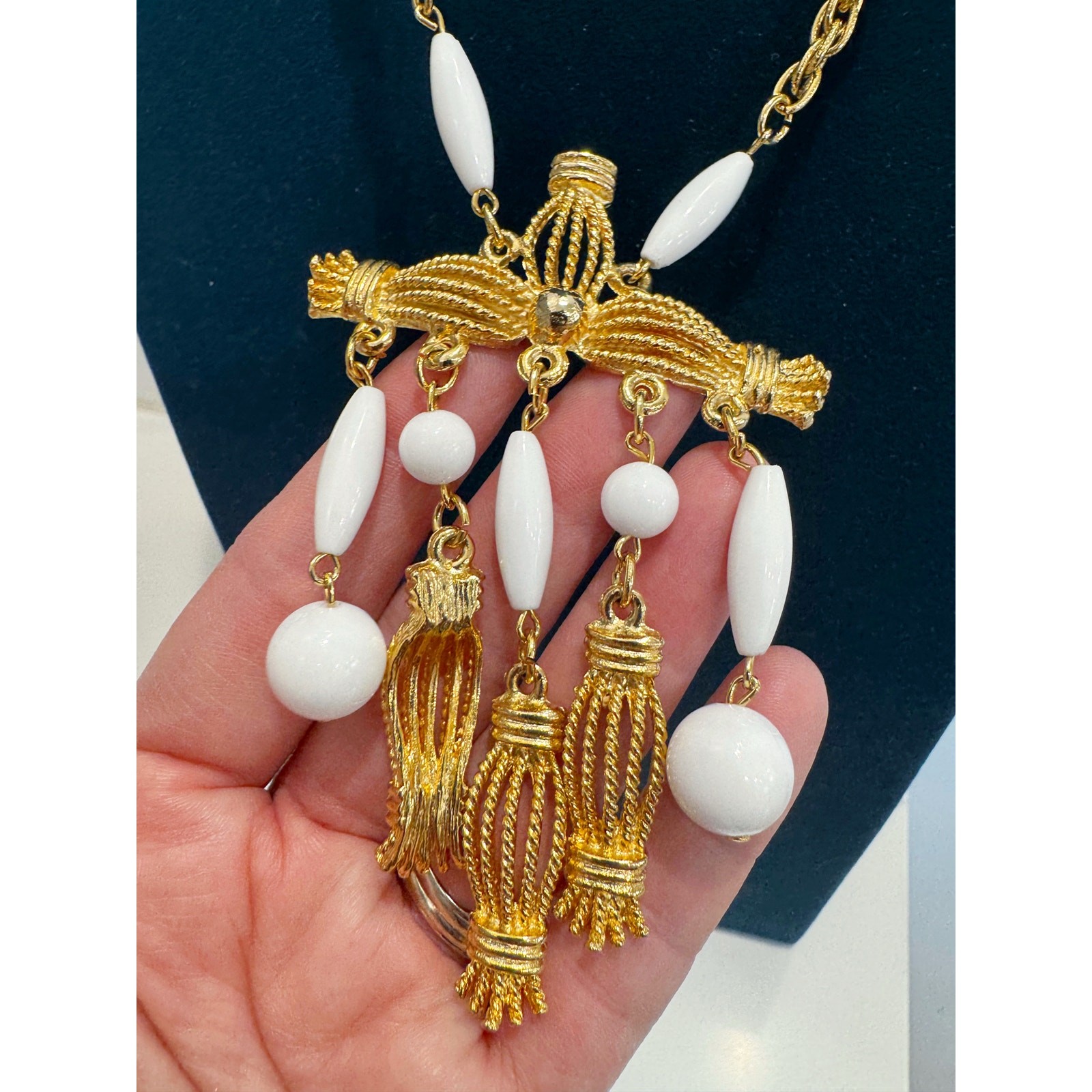 Vintage Gold-Tone Tassel Chandelier Statement Necklace