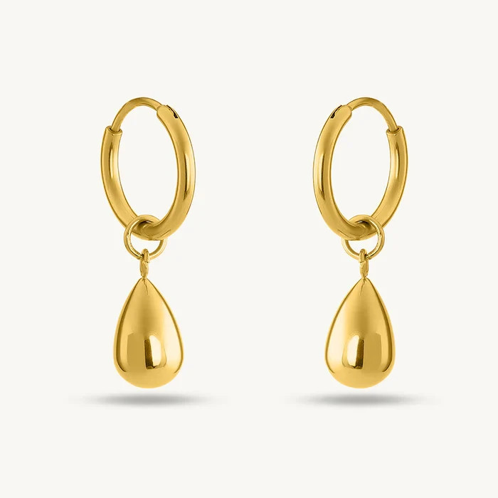 Gold Teardrop Hoop Earrings, Small Gold Huggie Hoops with Smooth Pear Drop Charm