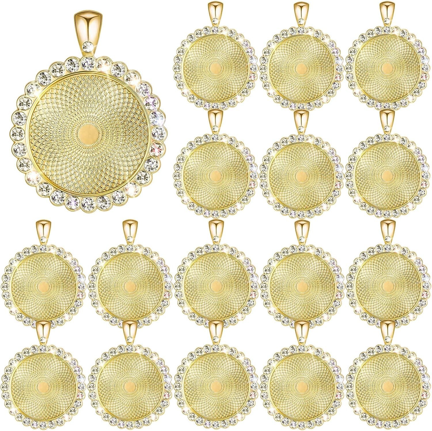 Hicarer 32 Pieces Rhinestone Bezel Pendant Trays Blanks Cabochon Gold