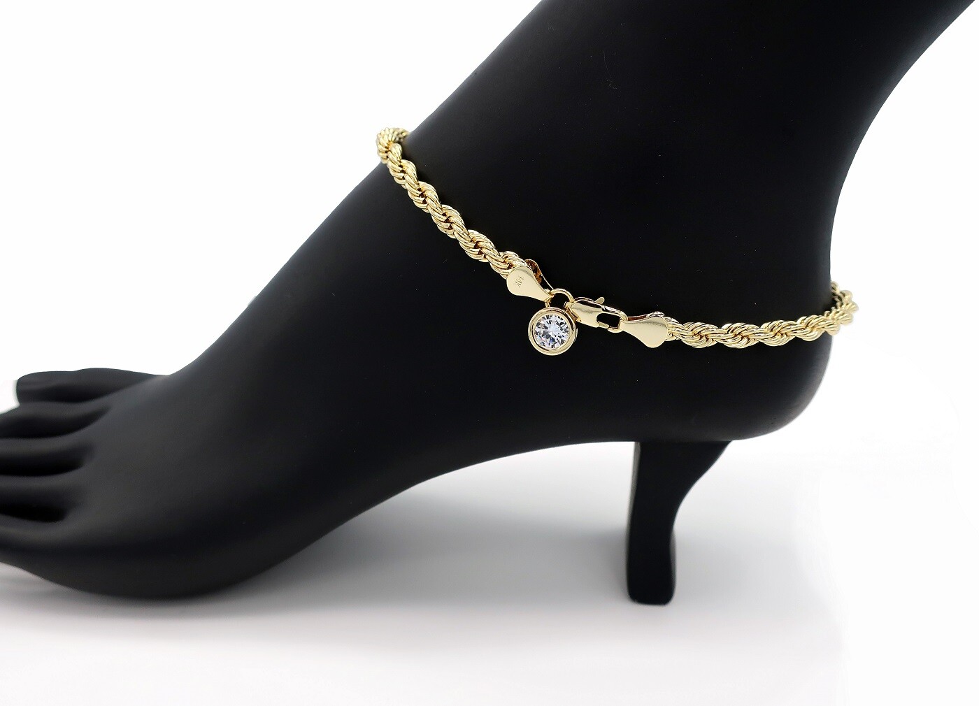 TWIST ROPE CHAIN 5mm CUBIC ZIRCONIA ANKLET BRACELET 14K ITALY GOLD PLATED