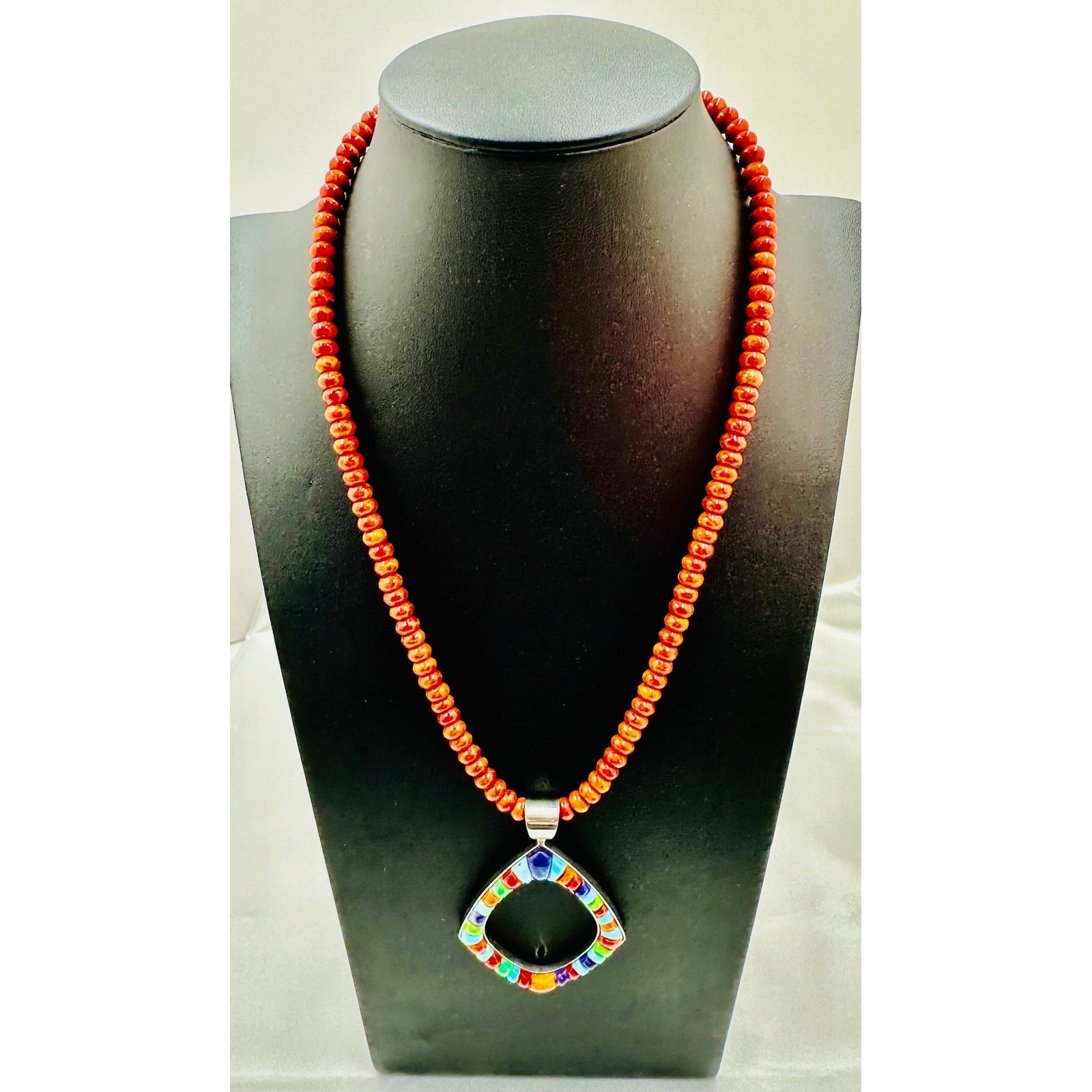 Sterling Silver Multi Stone Inlay Teardrop Pendant Red Beaded Necklace 18.5in