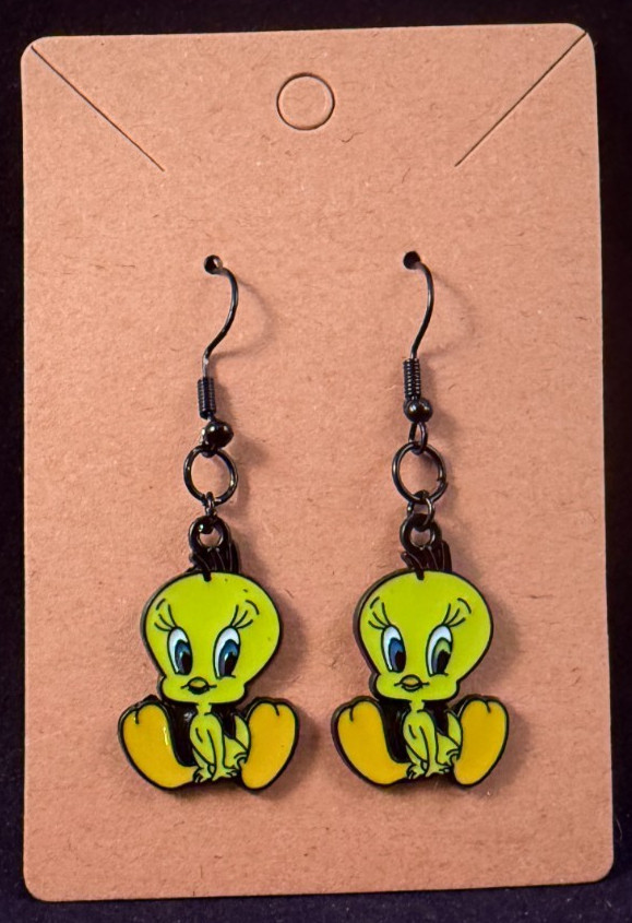 Looney Tunes Inspired – Tweety Bird – Earrings – Dangle – Black – Handmade