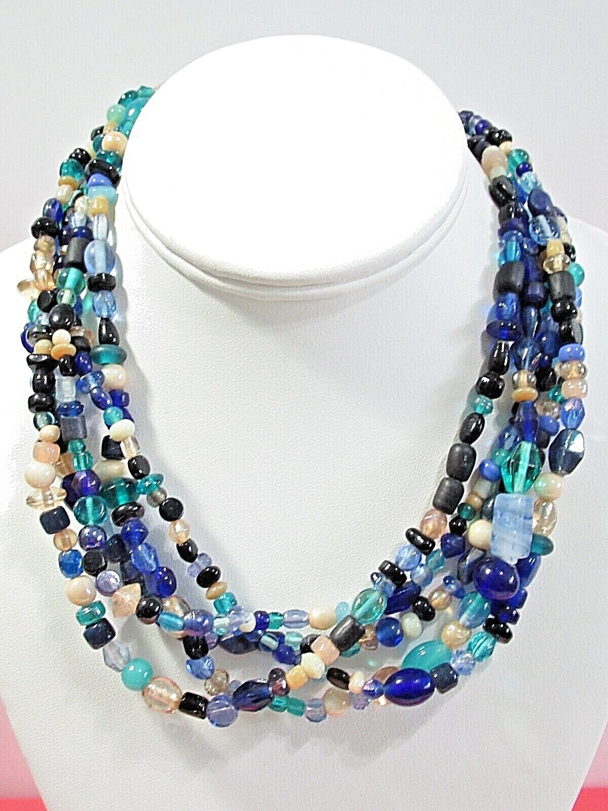 Five Multi-Strand Blues Beige Beaded Necklace Vintage Glass