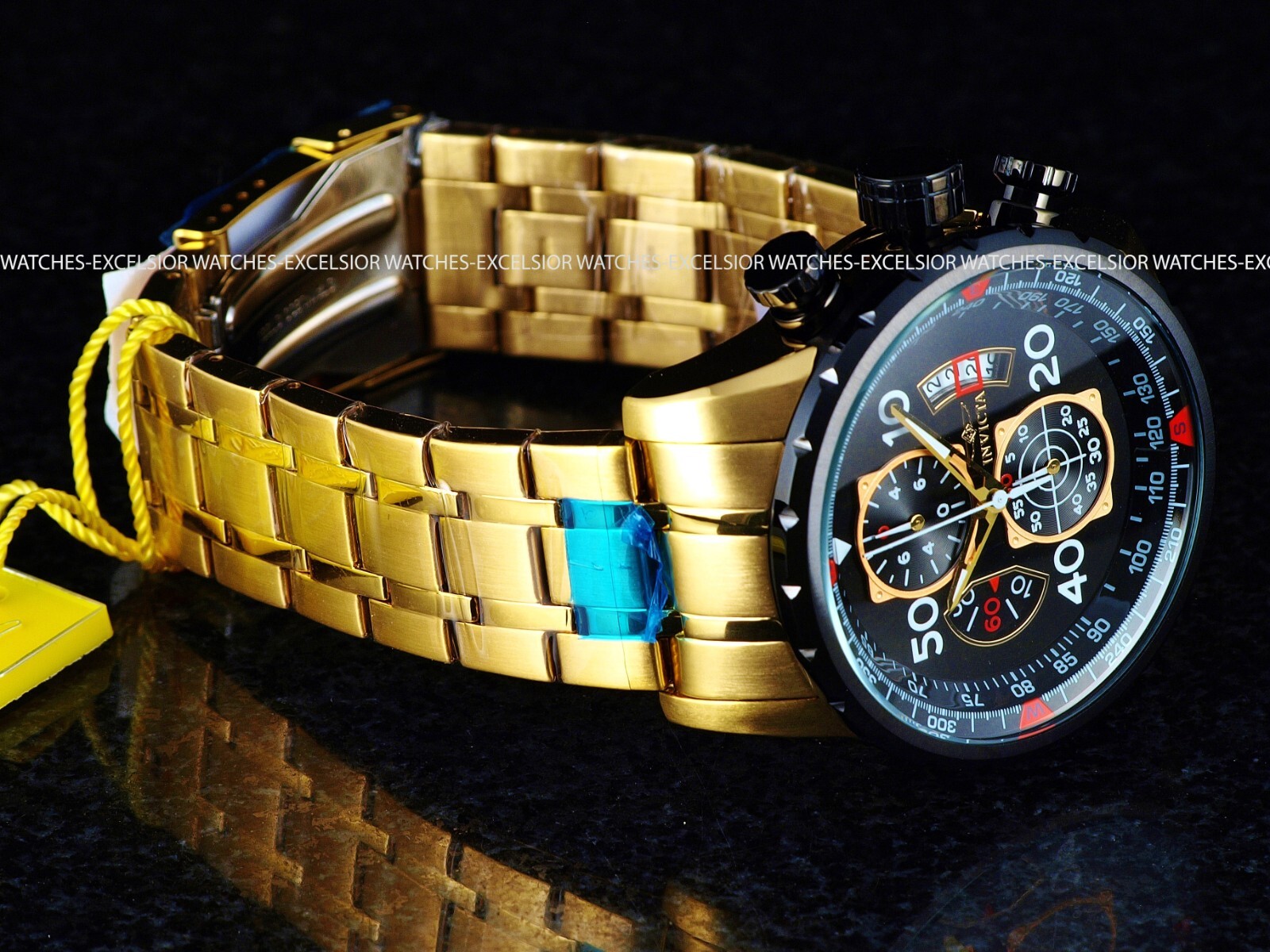 New Invicta Men’s AVIATOR CHRONOGRAPH Quartz Gold Tone SS 48mm Blue Dial Watch