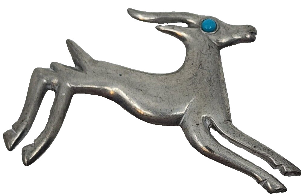 Vintage Nickle Silver & Turquoise Southwestern Native Goat Brooche Pin