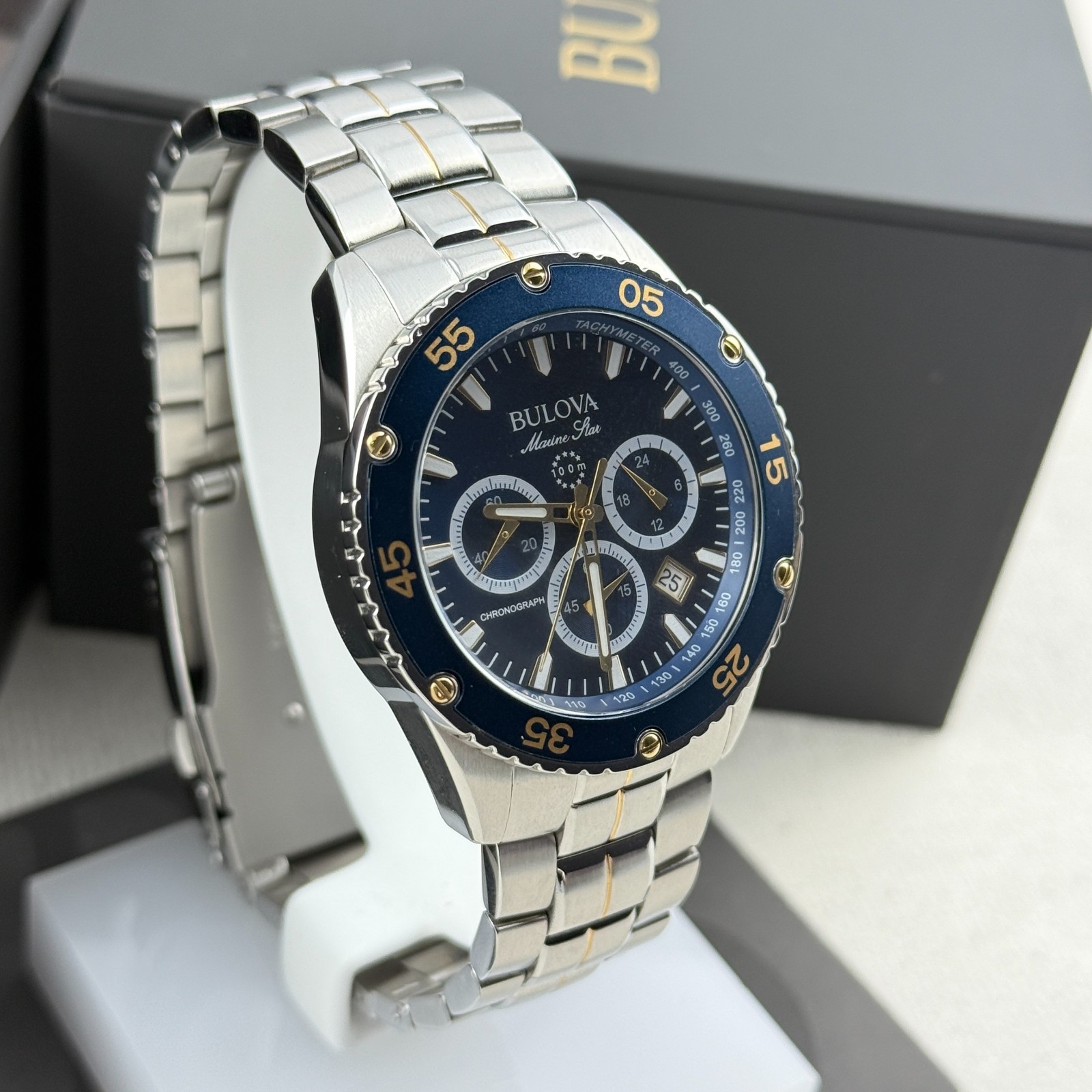 Bulova Men’s Marine Star 98B400 Chronograph Blue Dial Steel Quartz Watch 41.5mm