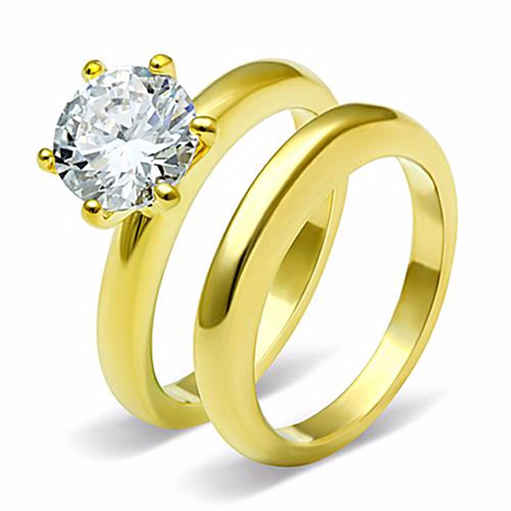 Gold Tone Stainless Steel Round CZ Women’s Wedding Engagement Ring Set Size 5-10
