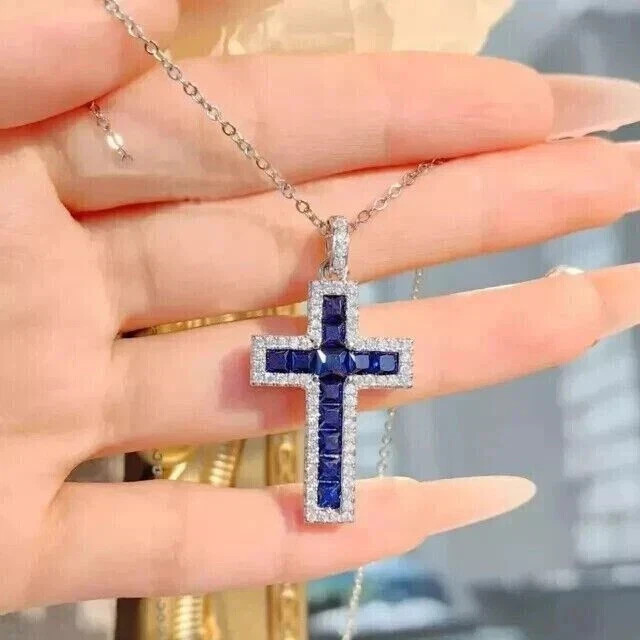 14K White Gold Plated 2 CT Princess Cut Lab-Created Blue Sapphire Cross Pendant