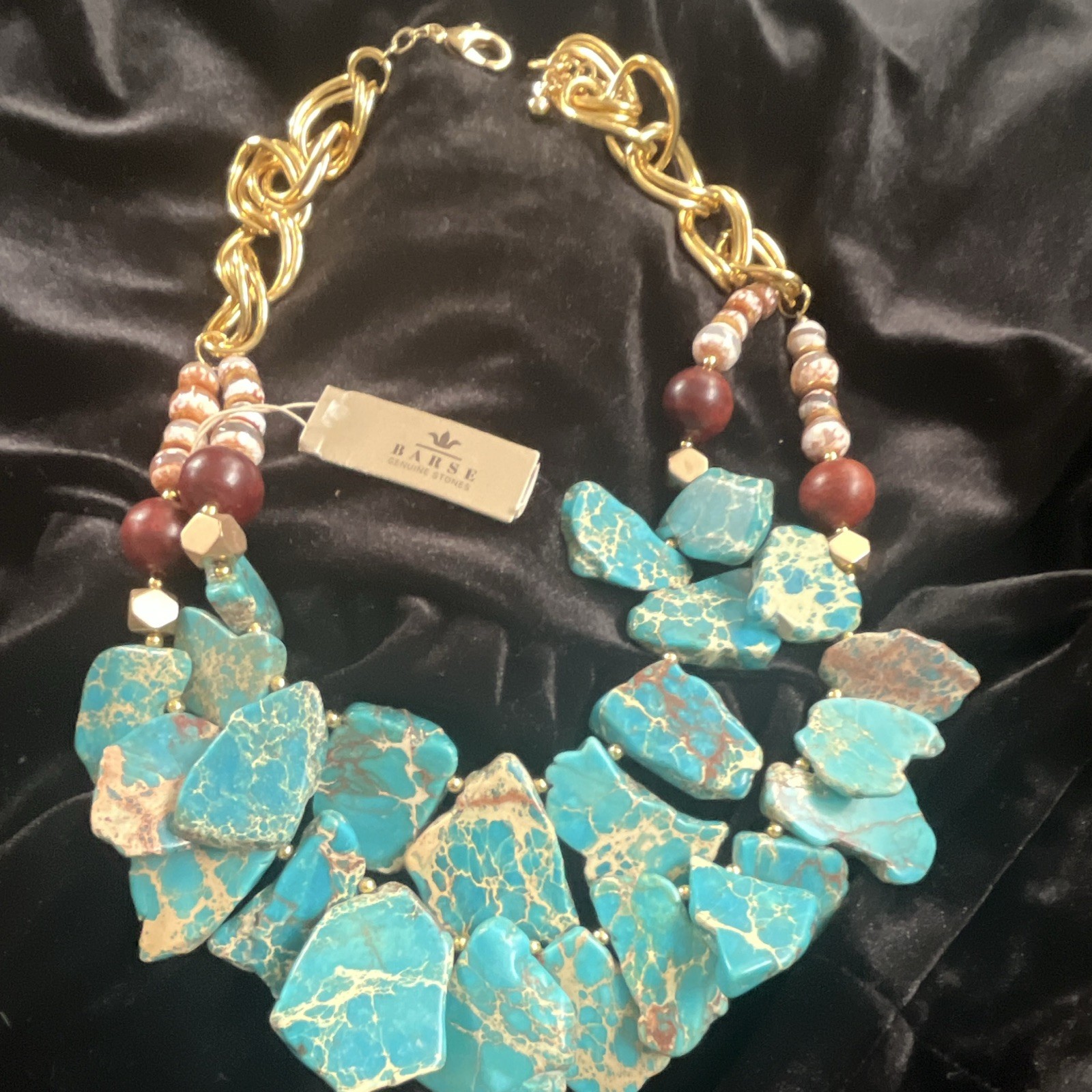 Barse Turquoise & Jasper Chip Beaded Statement Bib Necklace, Gold Tone Link