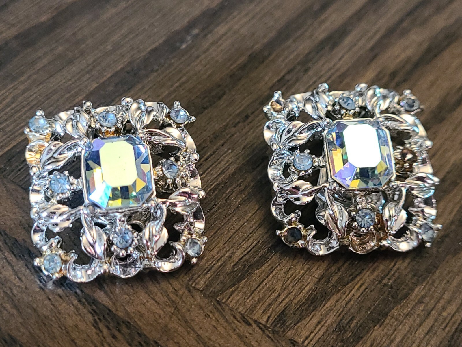 Vintage Signed Coro Costume Jewelry Earrings Aurora Borealis Rhinestones
