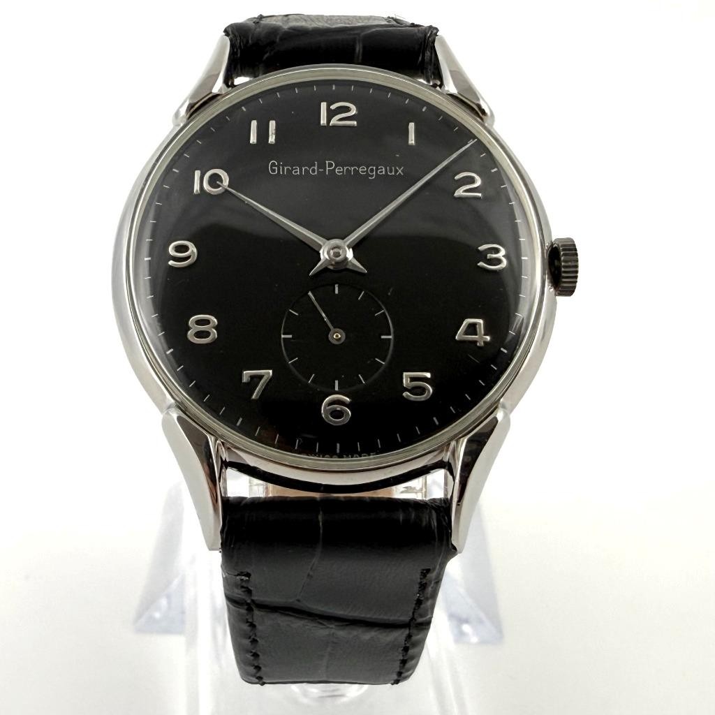 SWISS FINE GIRARD PERREGAUX LONG FANCY LUGS BOLD BLACK DIAL MANUAL WIND VINTAGE