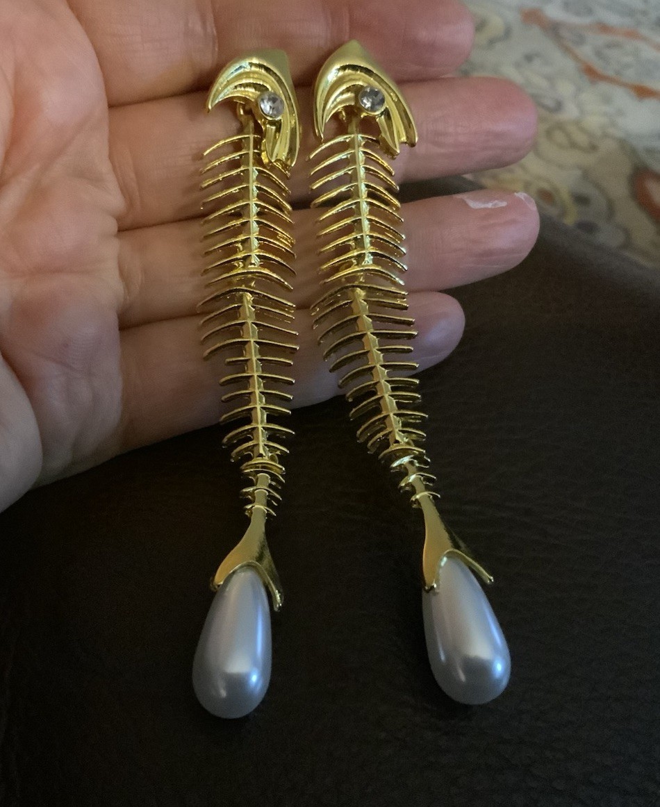 Fish Bone Earrings Pearl Skeleton Long Gold Boho Stud Zara Statement CZ Boho VTG